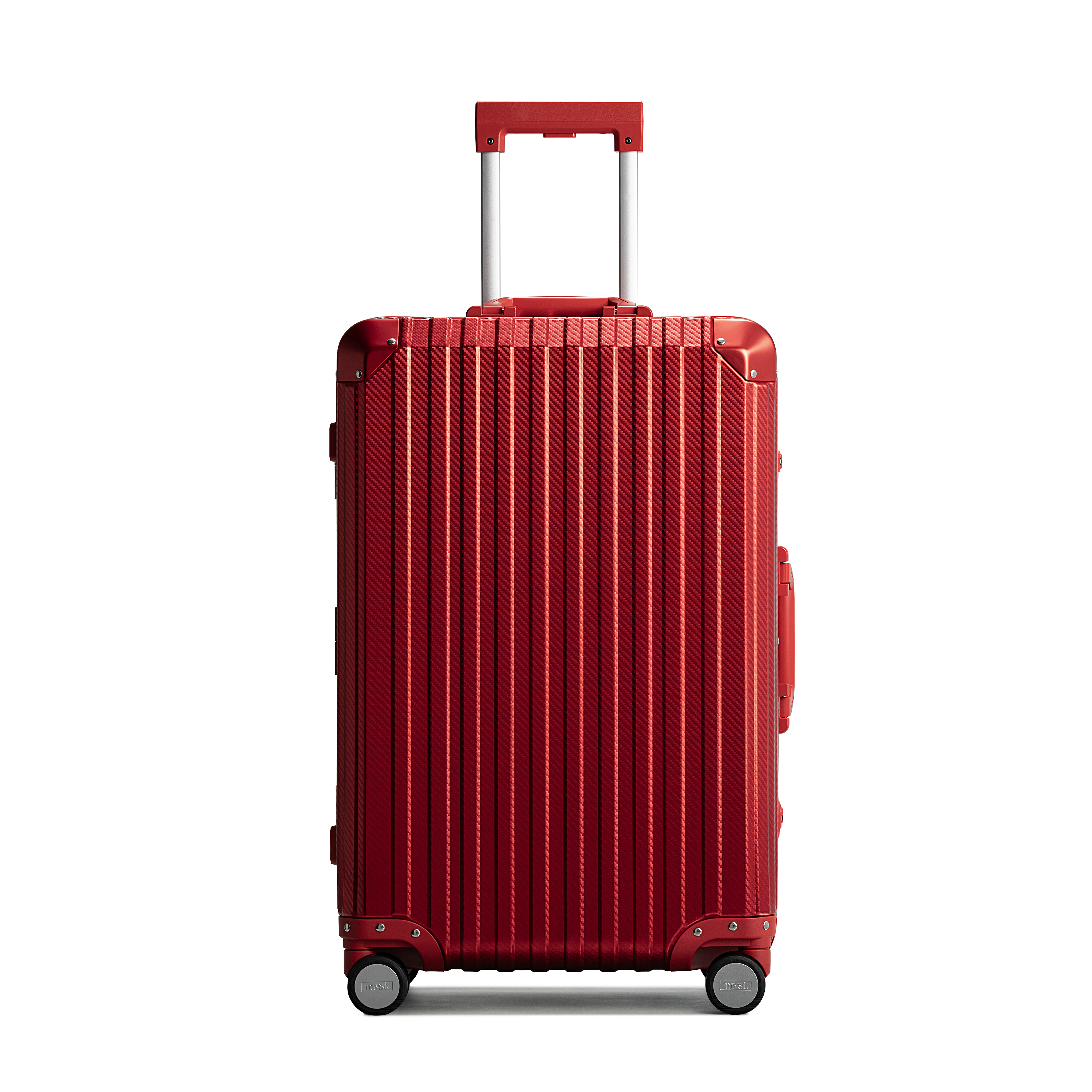 Red suitcase with a textured surface on a white background