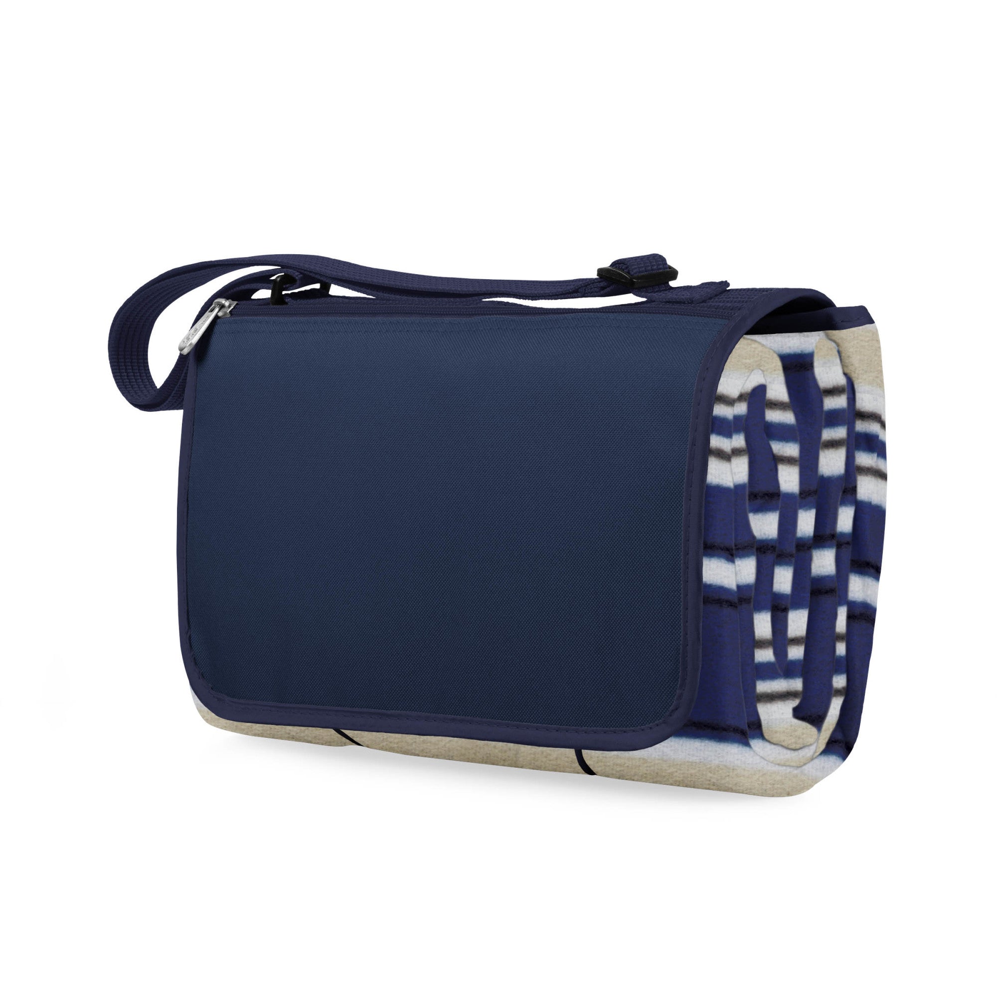 Navy blue bag with a patterned interior on a white background