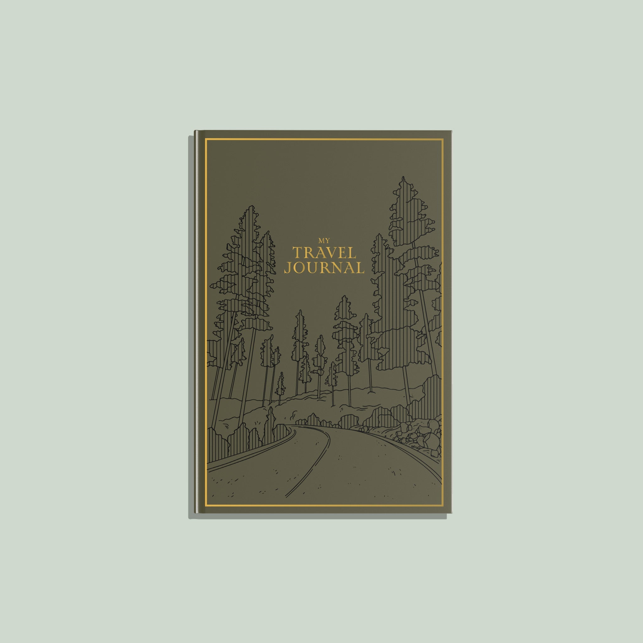 Travel journal with forest design on a light gray background