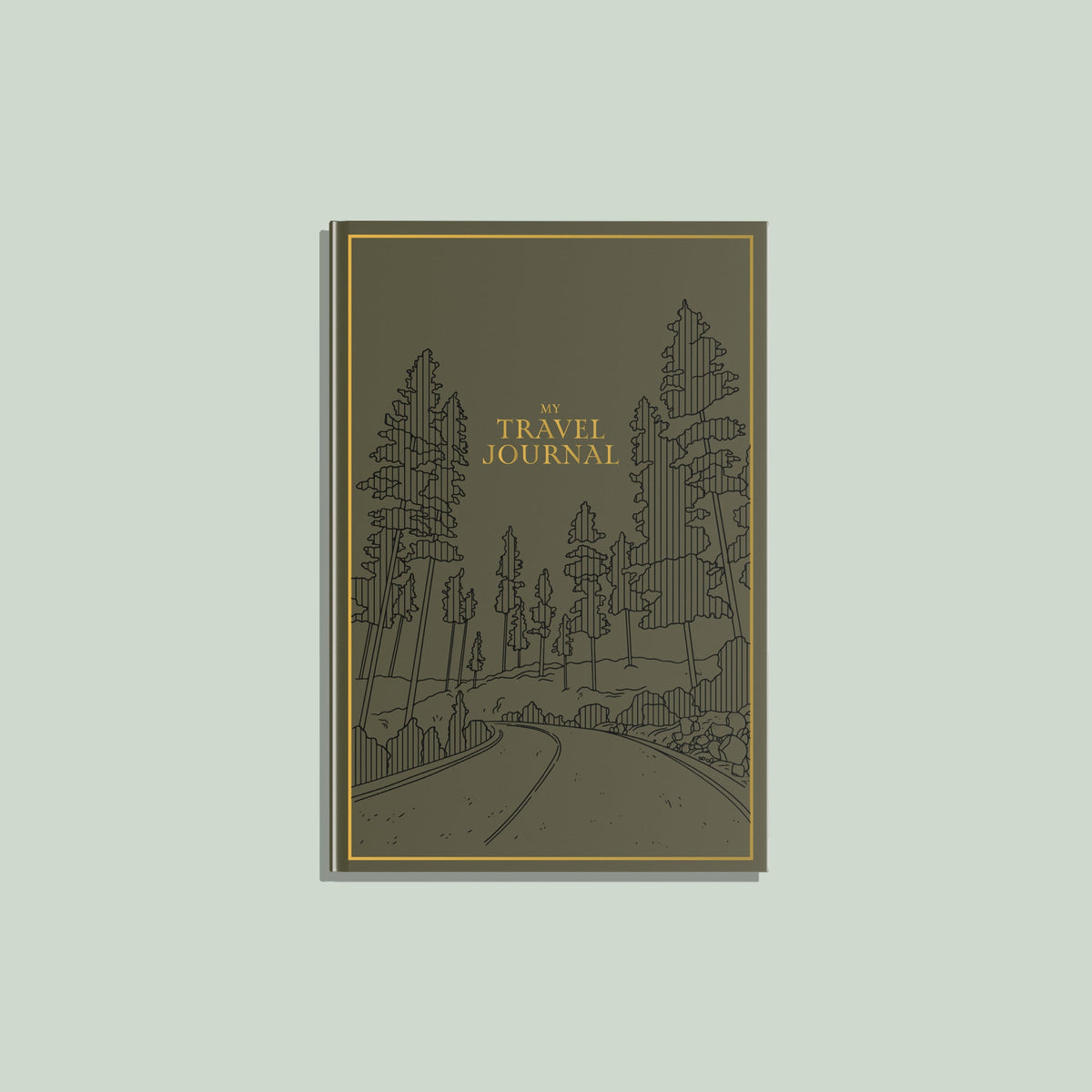 Travel journal with forest design on a light gray background