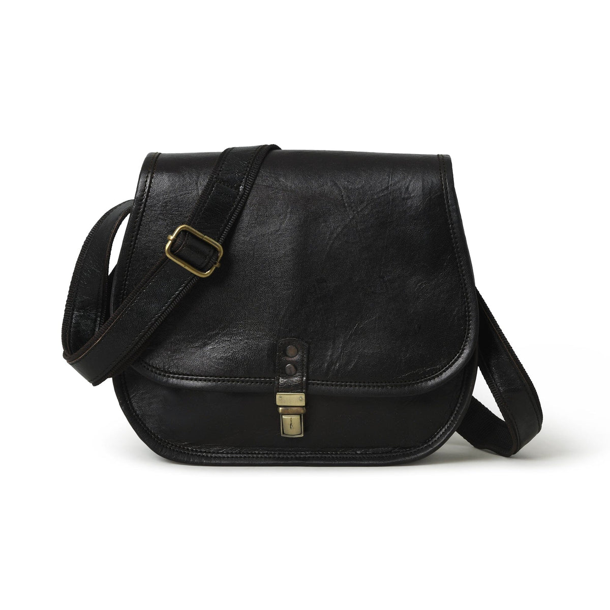 Black leather satchel bag with gold buckles on a white background