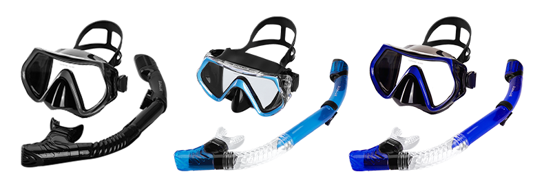 Three diving masks and snorkels on a white background
