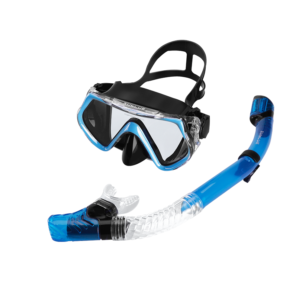 Blue and black diving mask and snorkel set on a white background