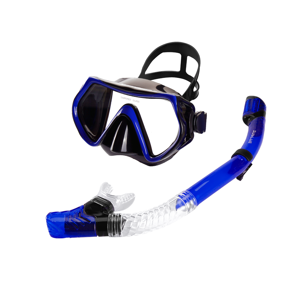 Blue diving mask and snorkel set on a white background