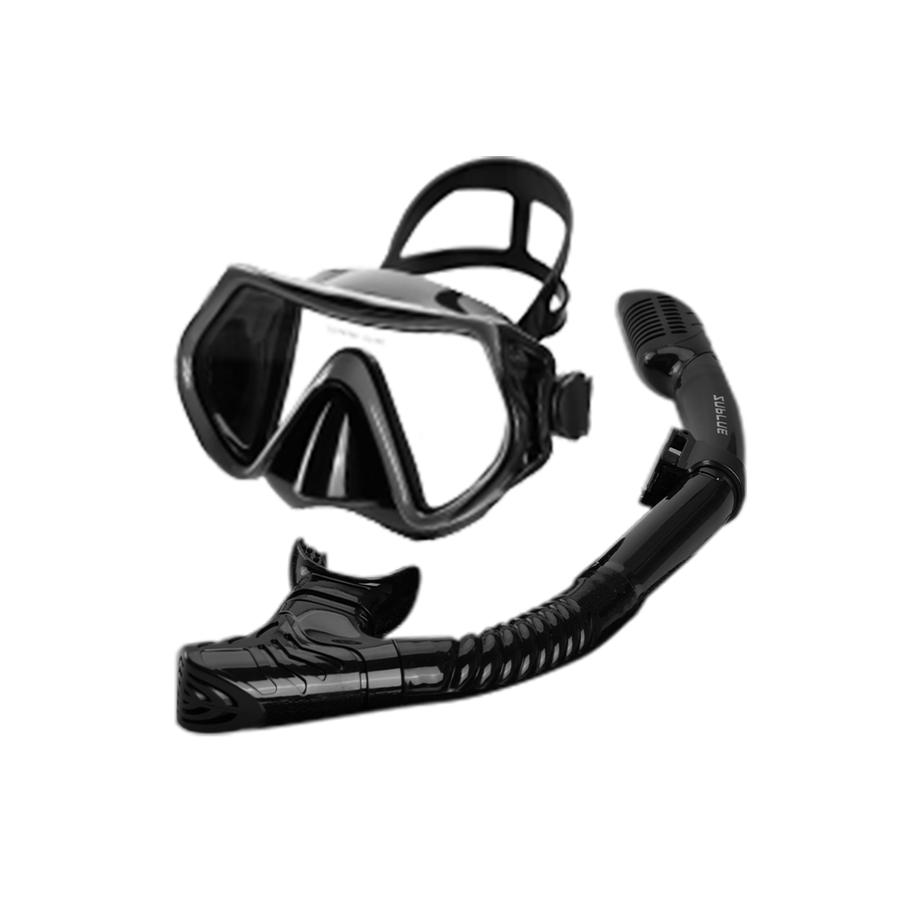 Black diving mask and snorkel set on a white background