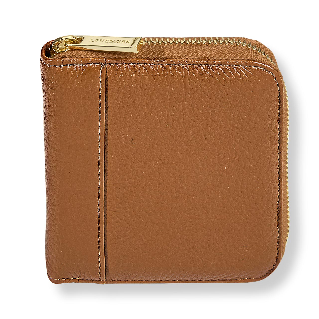 Brown leather wallet with gold zipper on a white background