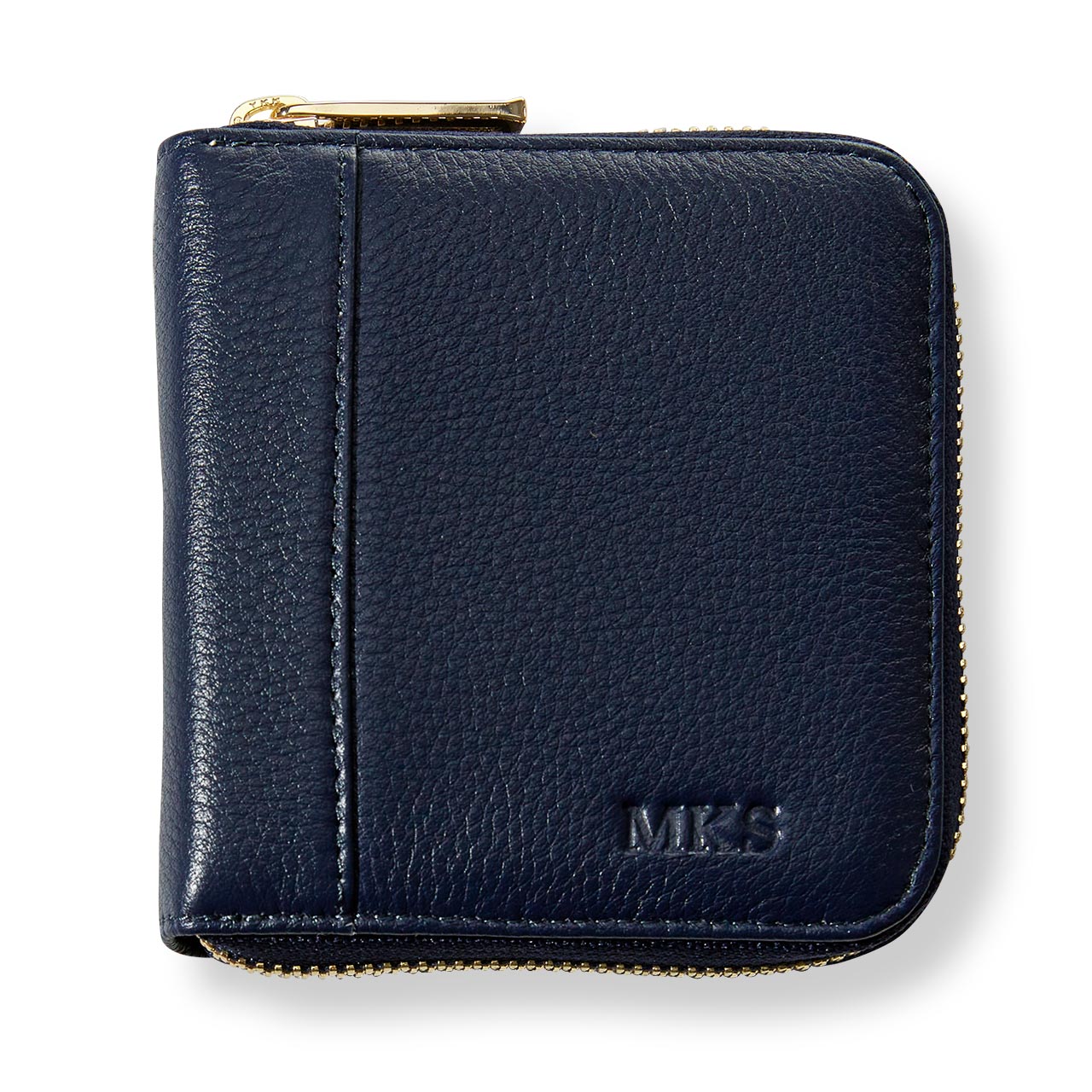 Navy blue wallet with gold zipper on a white background