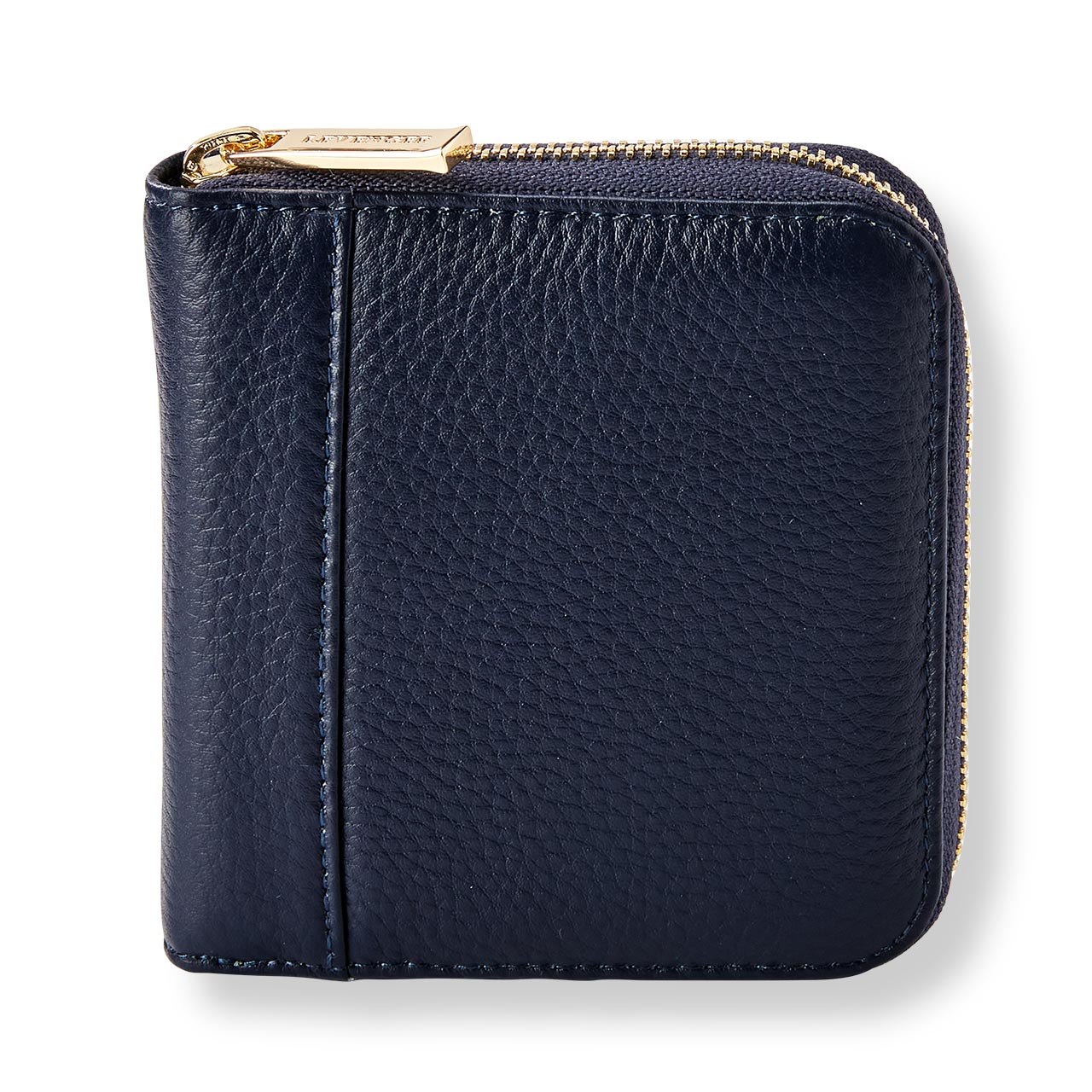 Navy leather wallet with gold zipper on a white background