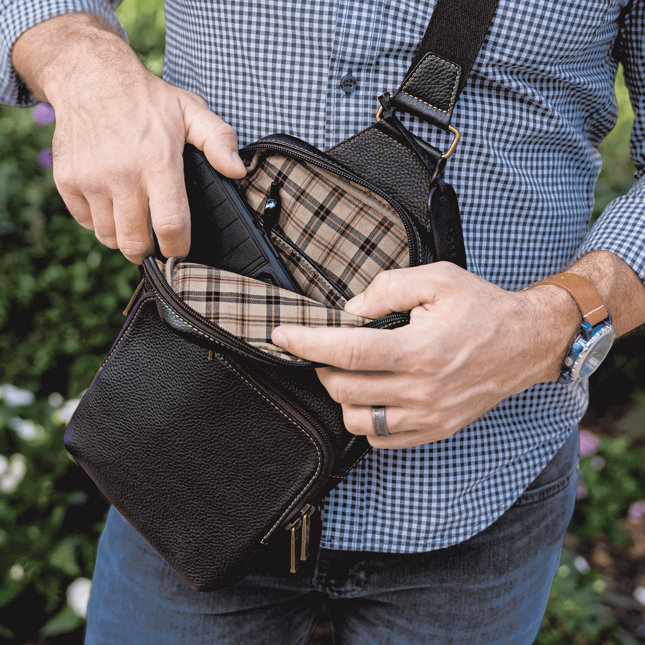 GIF of different angles of the bomber jacket sling model in mocha
