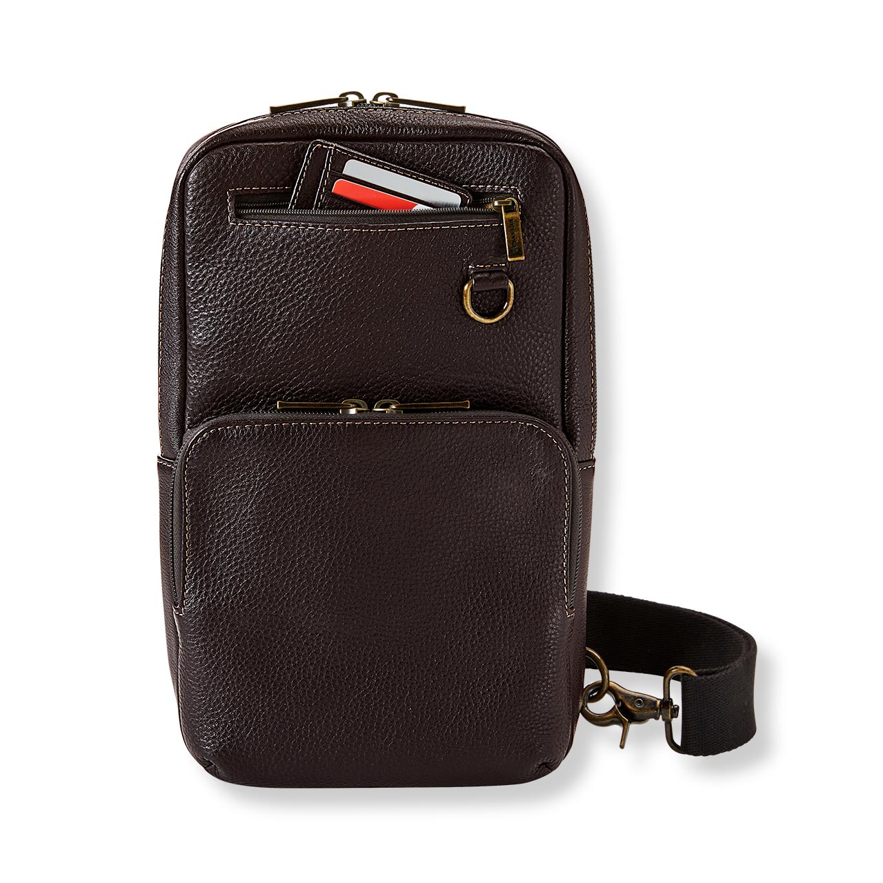 Brown leather crossbody bag with a visible strap on a white background