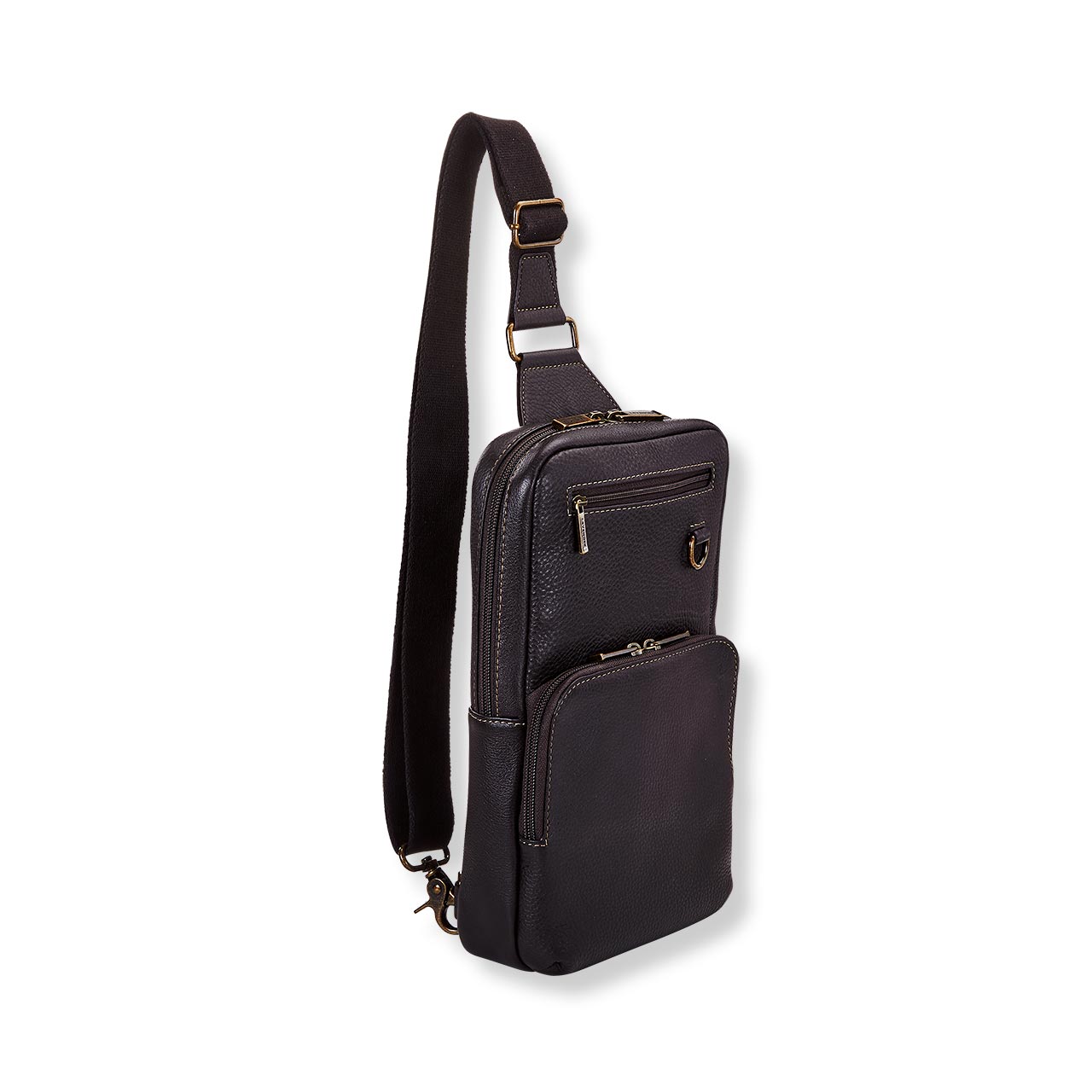 Black leather sling bag on a white background