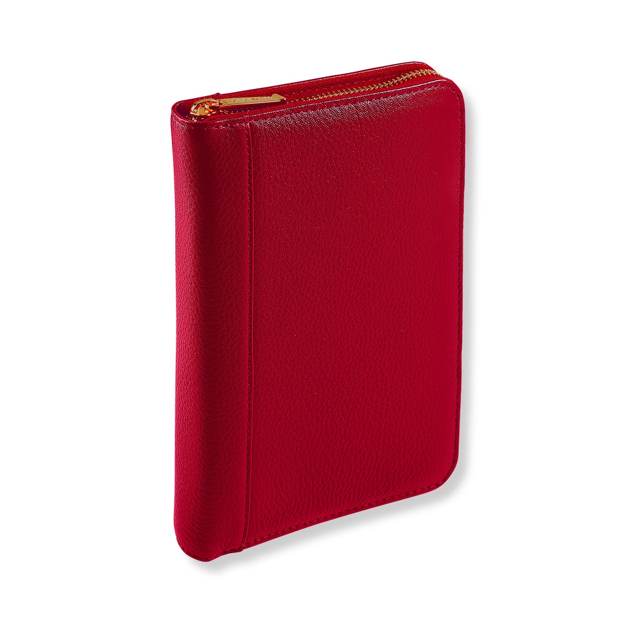 Red leather wallet with gold zipper on a white background