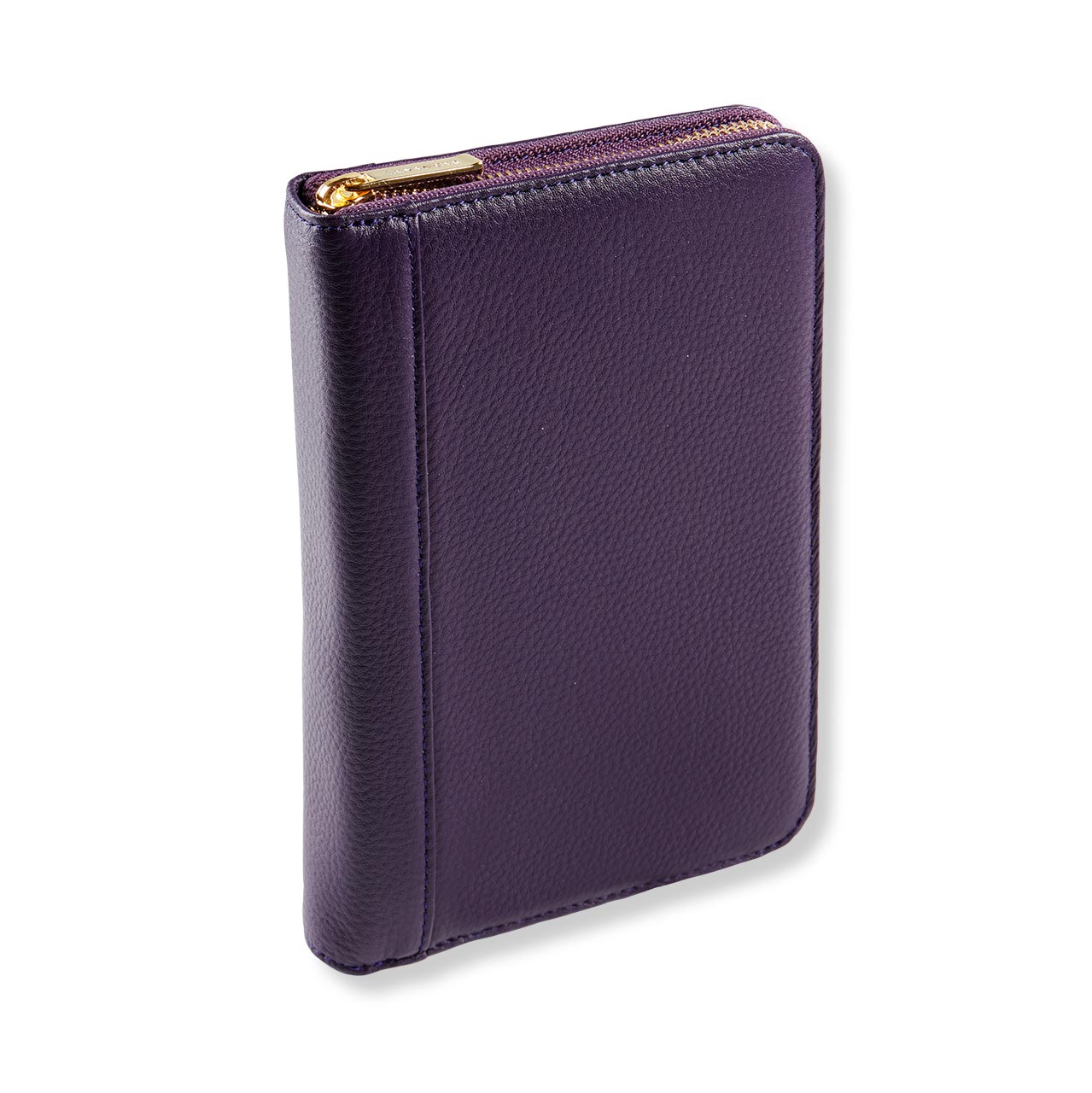 Purple leather wallet with gold zipper on a white background