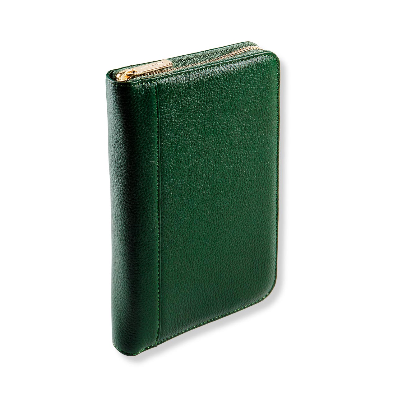 Green leather wallet with gold zipper on a white background