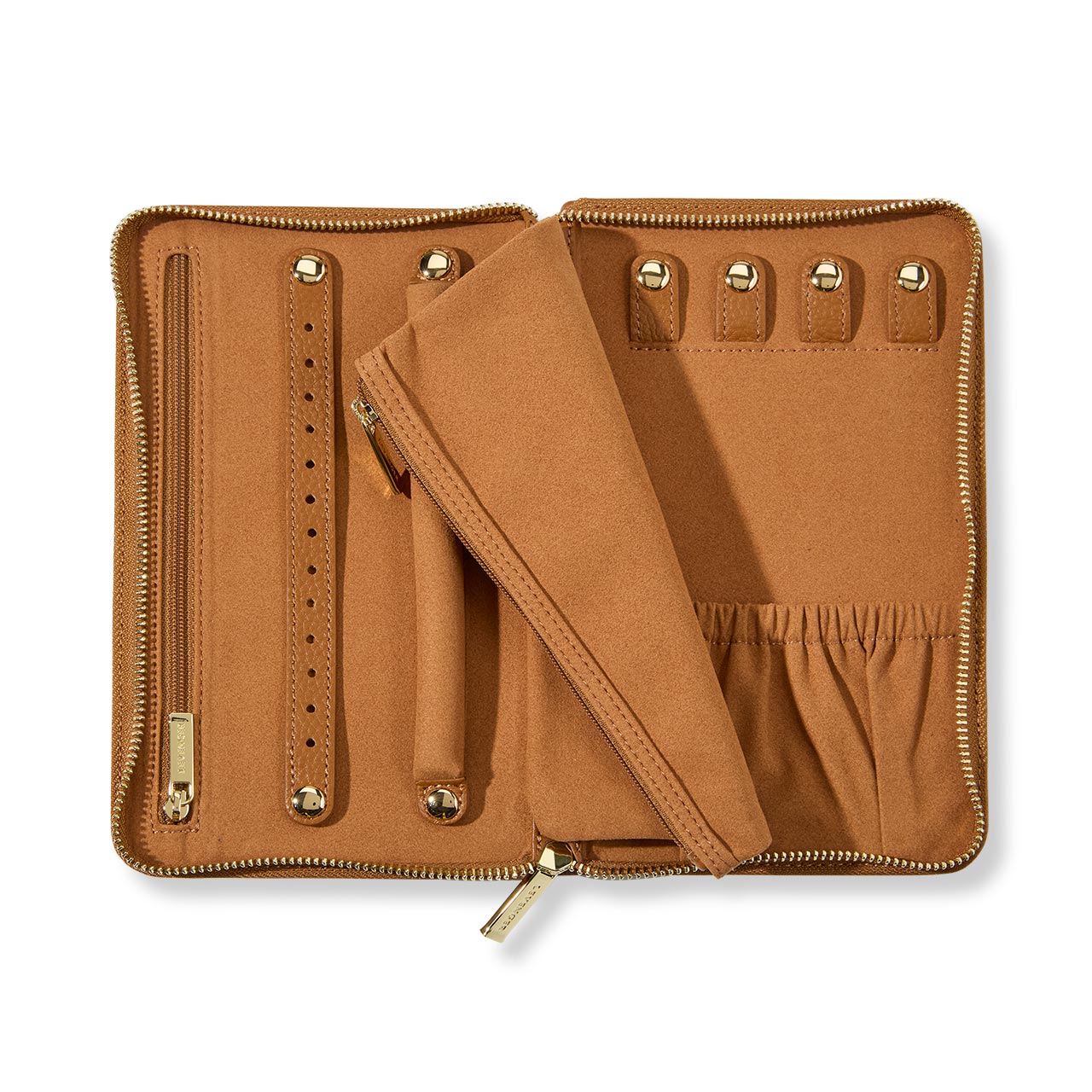 Brown leather wallet with gold zipper and strap on a white background