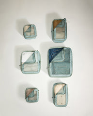 Set of blue fabric travel pouches on a white background