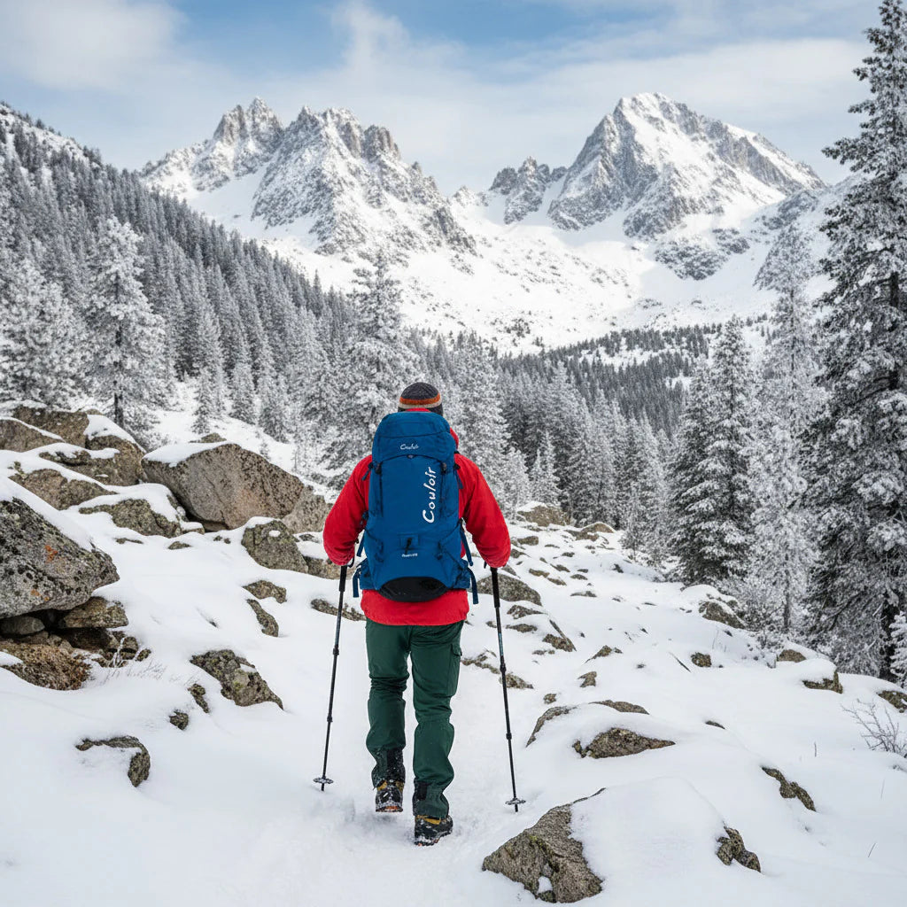 Person hiking in a snowy mountain landscape with a blue backpack.