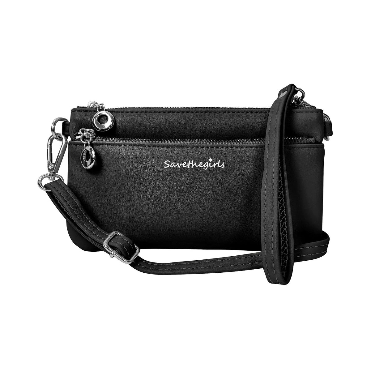 Black handbag with a visible brand name on a white background
