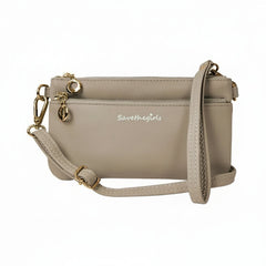 Beige handbag with a strap on a white background, featuring 'Save The Girls' branding.