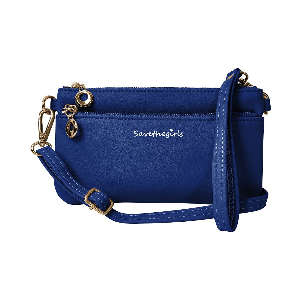 Blue handbag with gold accents on a white background