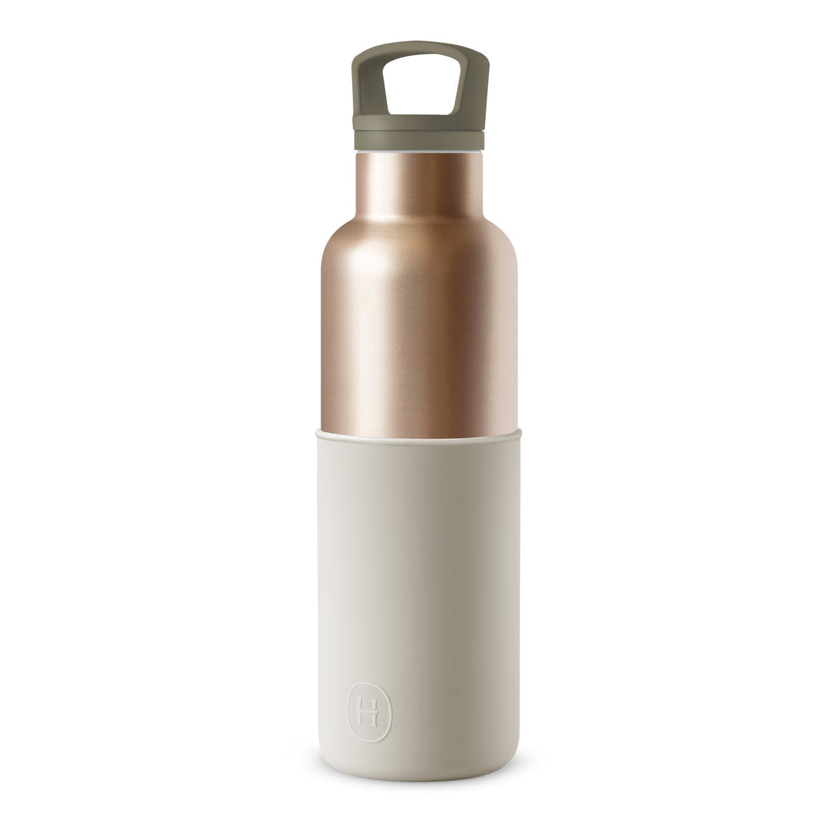 Two-toned water bottle with rose gold upper section and beige lower section on a white background