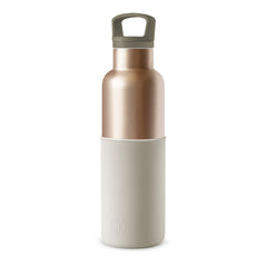 Two-toned water bottle with rose gold upper section and beige lower section on a white background