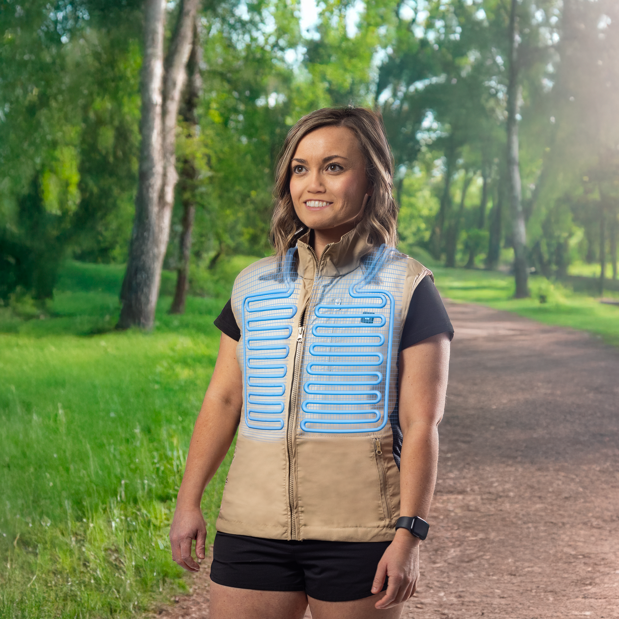 Woman wearing a futuristic vest with glowing blue panels in a forest setting