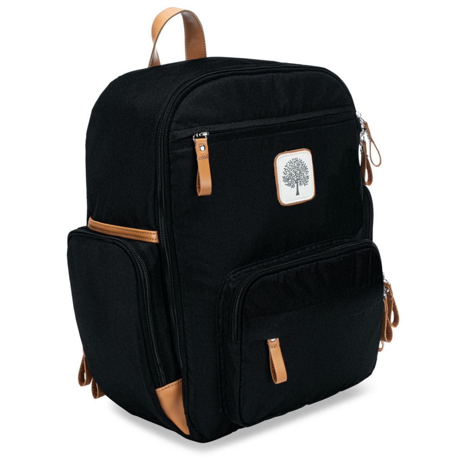 Black backpack with brown accents on a white background