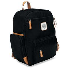 Black backpack with brown accents on a white background