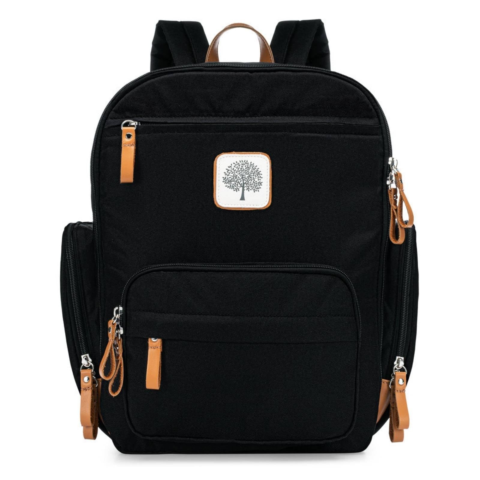 Black backpack with brown accents and a tree logo on a white background