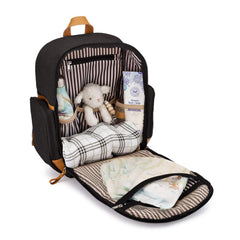 Open black backpack with baby items including a toy, blanket, and diaper on a white background