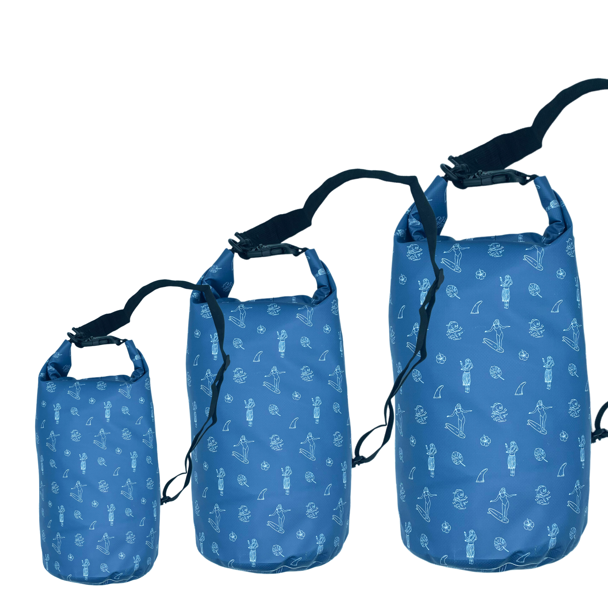 Set of three blue dry bags with white patterns on a white background