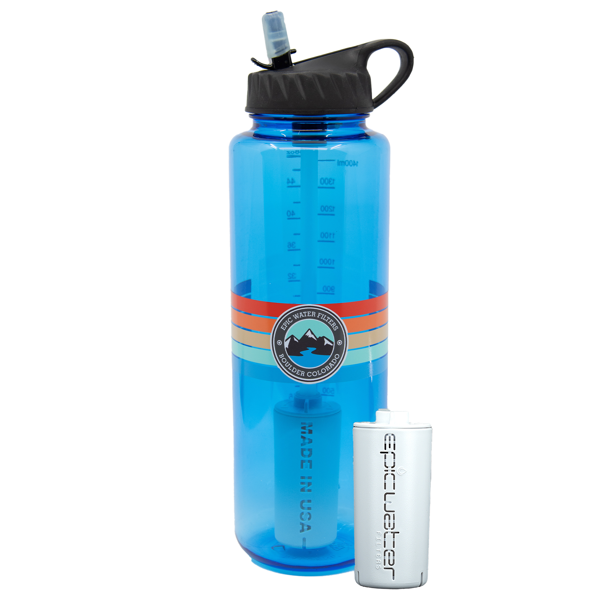 Blue water bottle with black cap and white label on a white background
