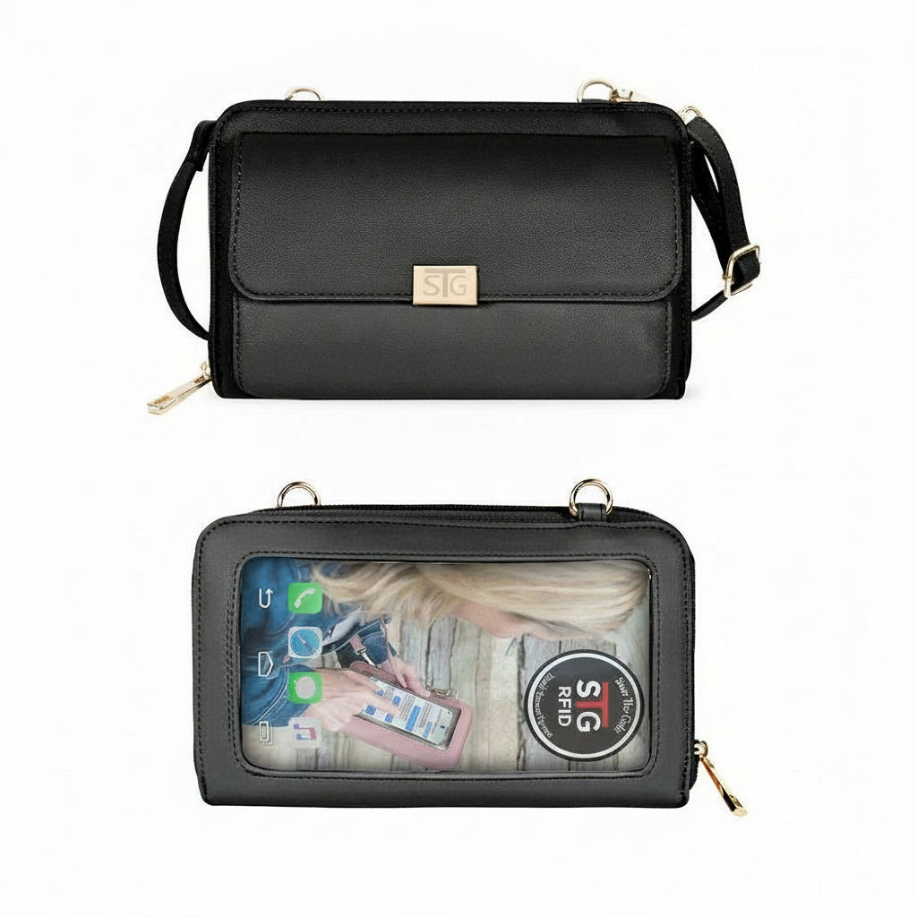 Black crossbody bag with a clear front pocket showing phone and cards on a white background
