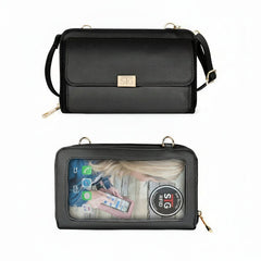 Black crossbody bag with a clear front pocket showing phone and cards on a white background