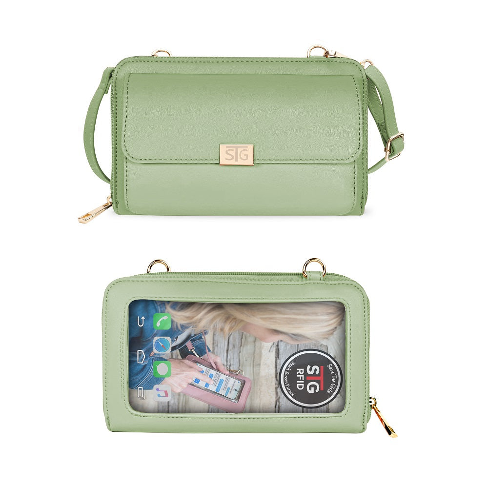Green crossbody bag with a clear compartment showing phone and accessories on a white background