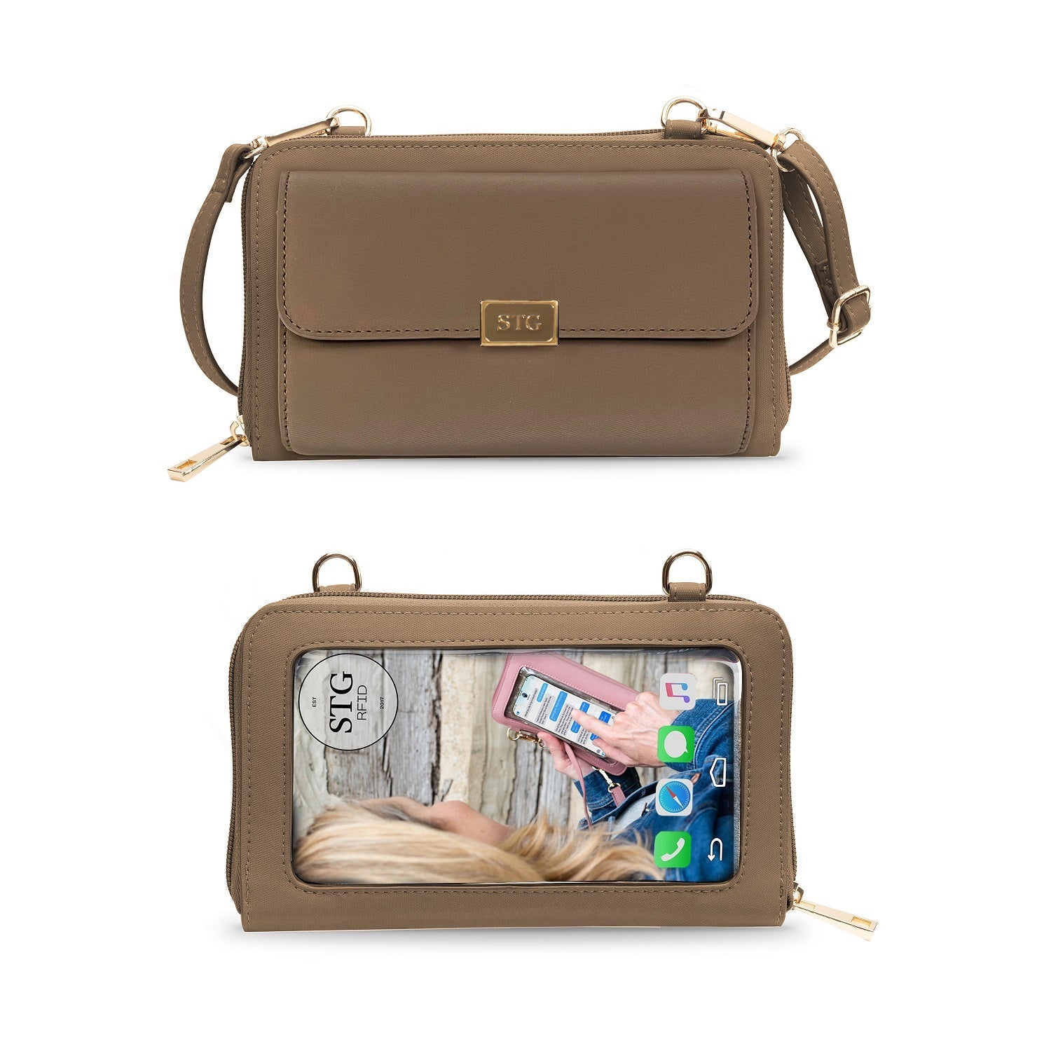 Brown handbag with 'STG' logo on a white background