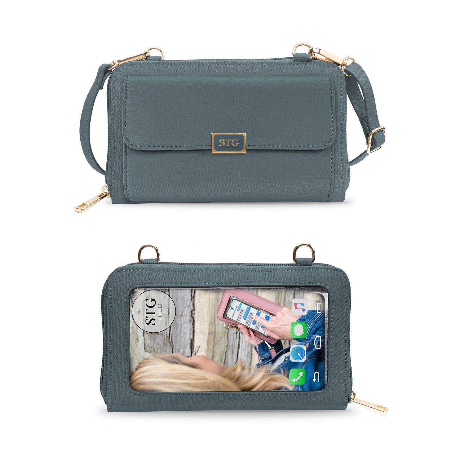 Gray crossbody bag with a visible brand logo on a white background