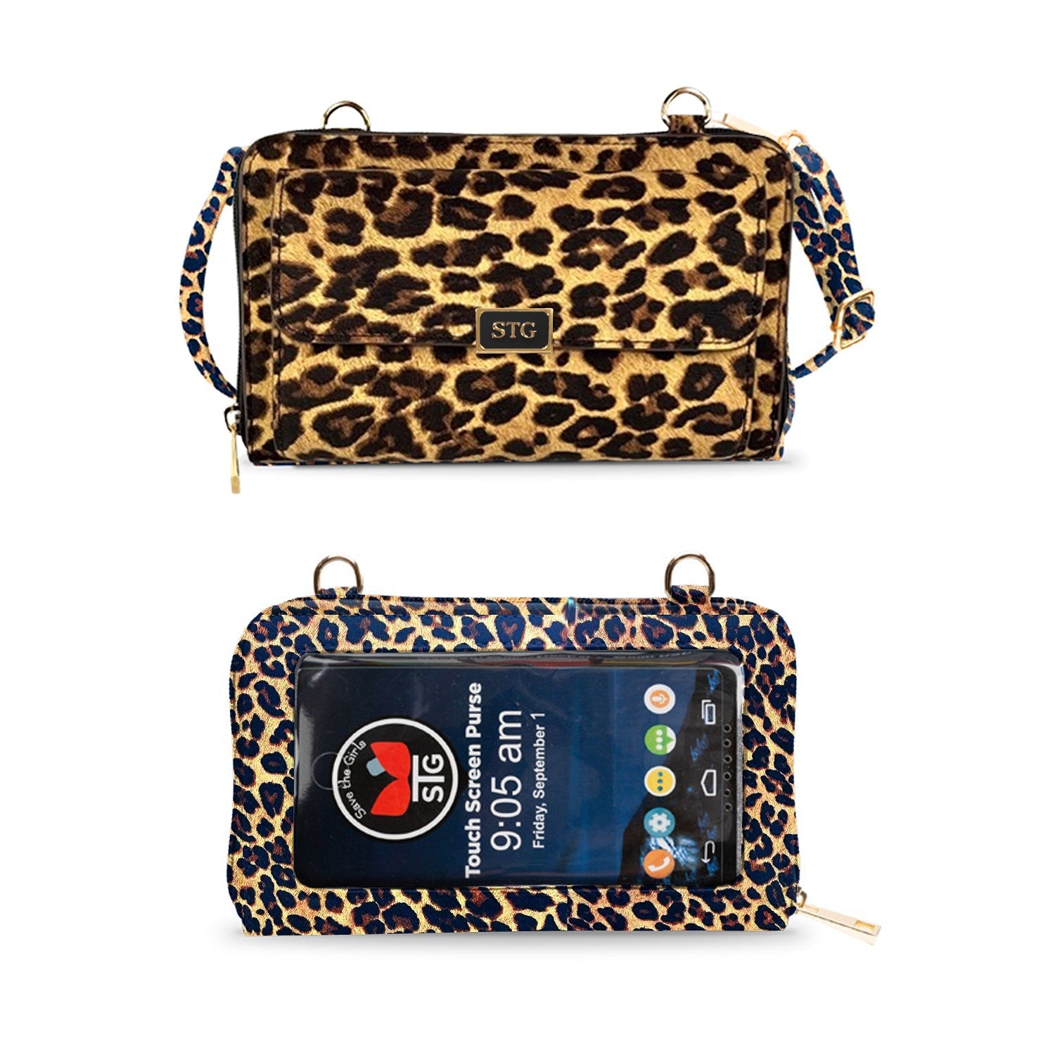 Leopard print phone case with screen protector on a white background