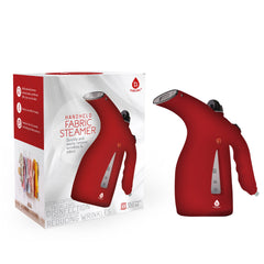 Red handheld fabric steamer with packaging on a white background