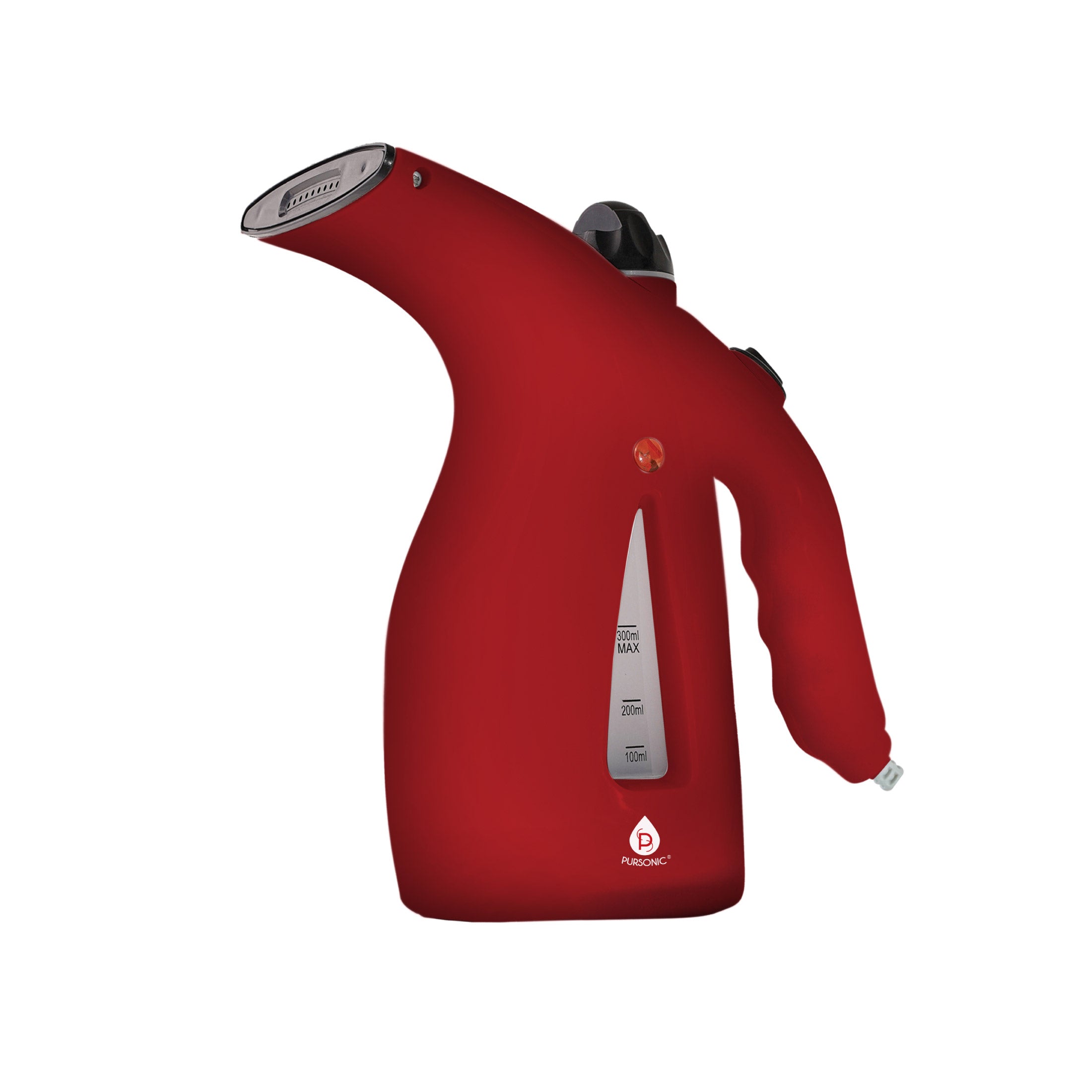 Red handheld steamer on a white background