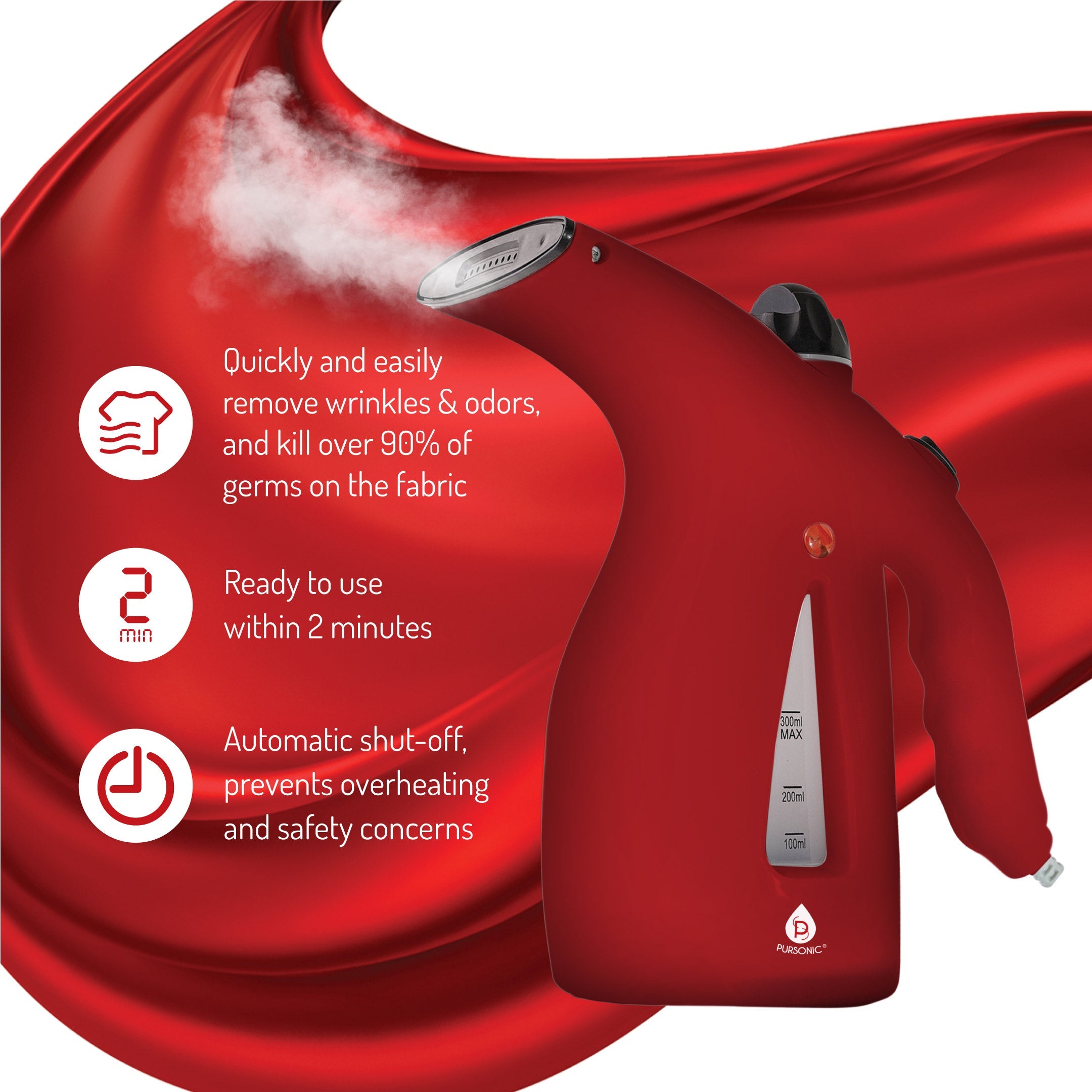 Red fabric steamer with steam coming out on a red background, featuring product benefits.