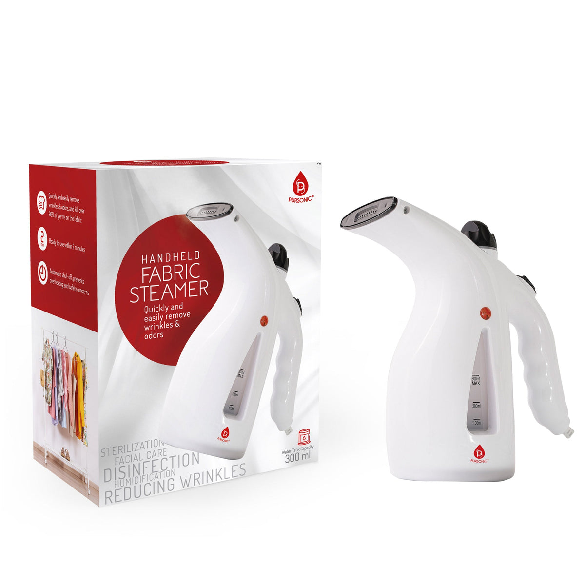 Handheld fabric steamer with packaging on a white background
