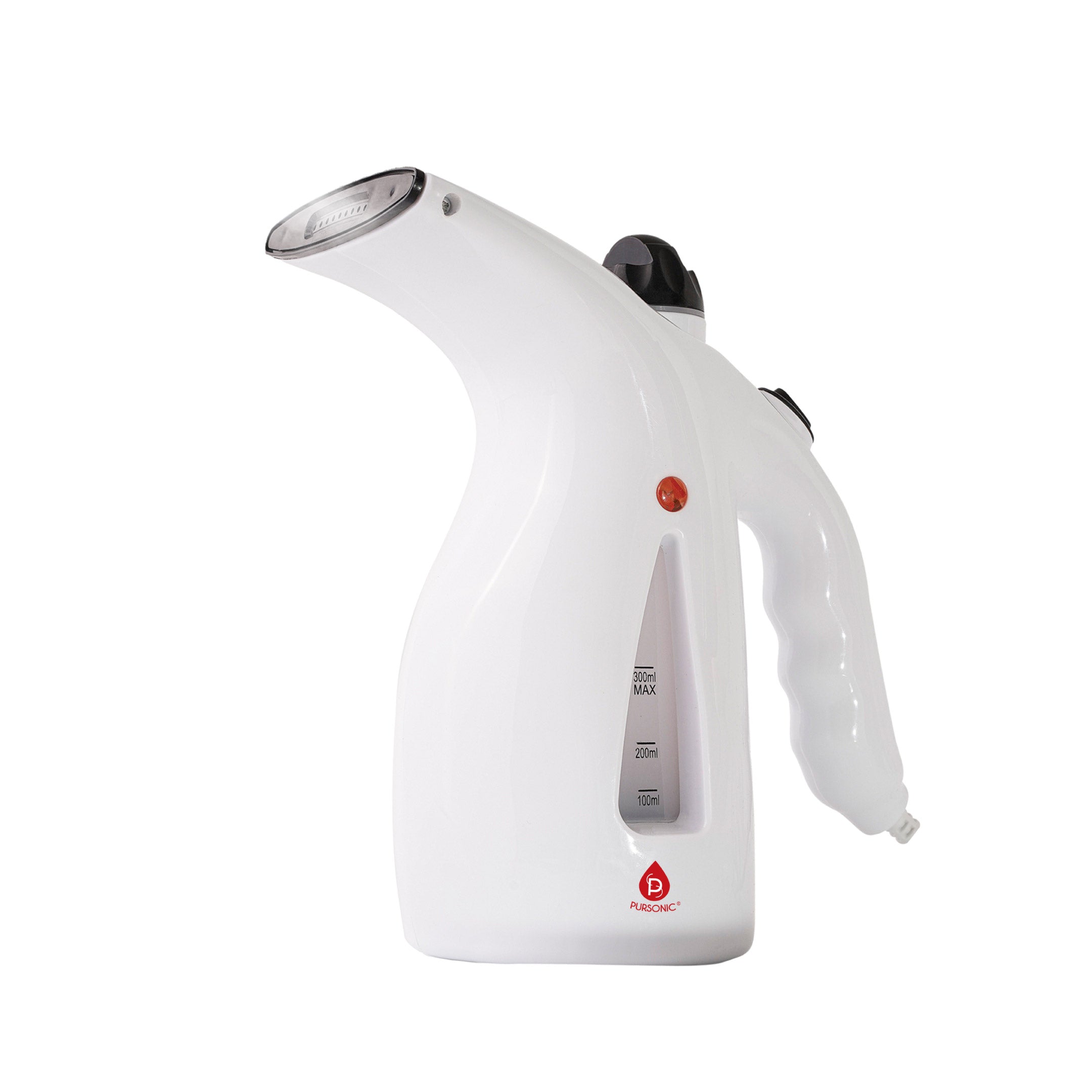 White handheld steamer with a red logo on a white background