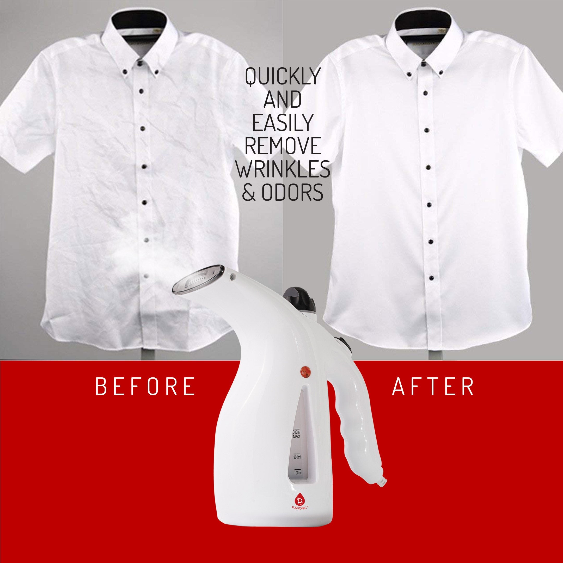 White shirt before and after use with a steam iron on a gray background