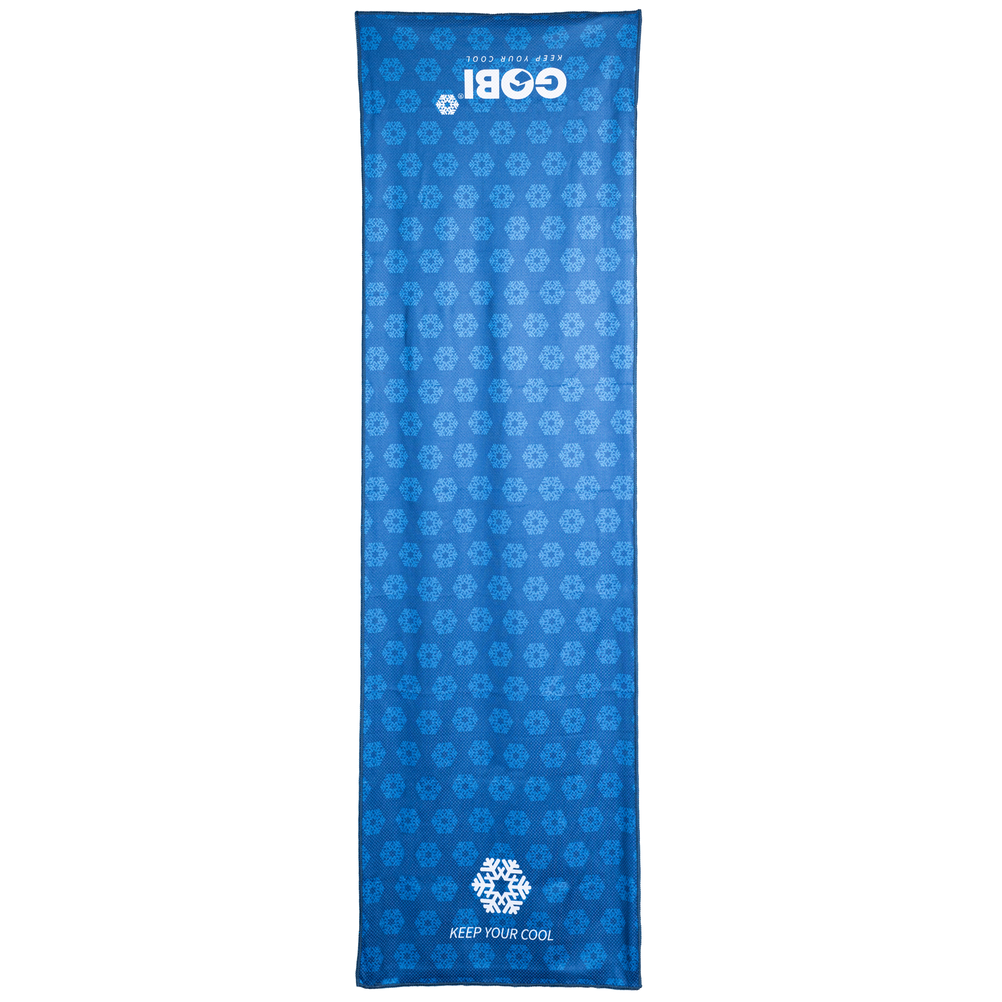 Blue cooling towel with floral pattern and GBF branding on a white background