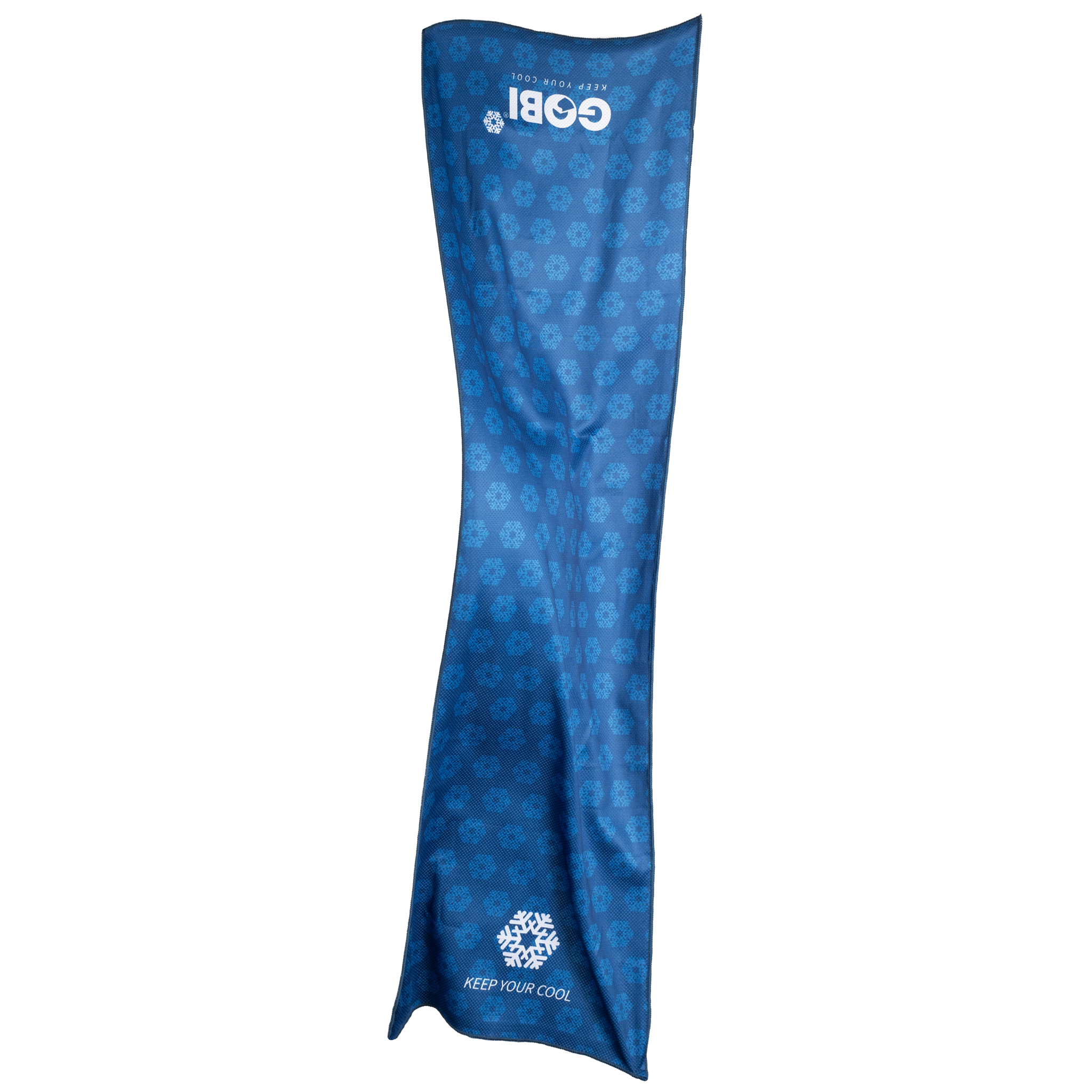 Blue cooling towel with brand logo on a white background