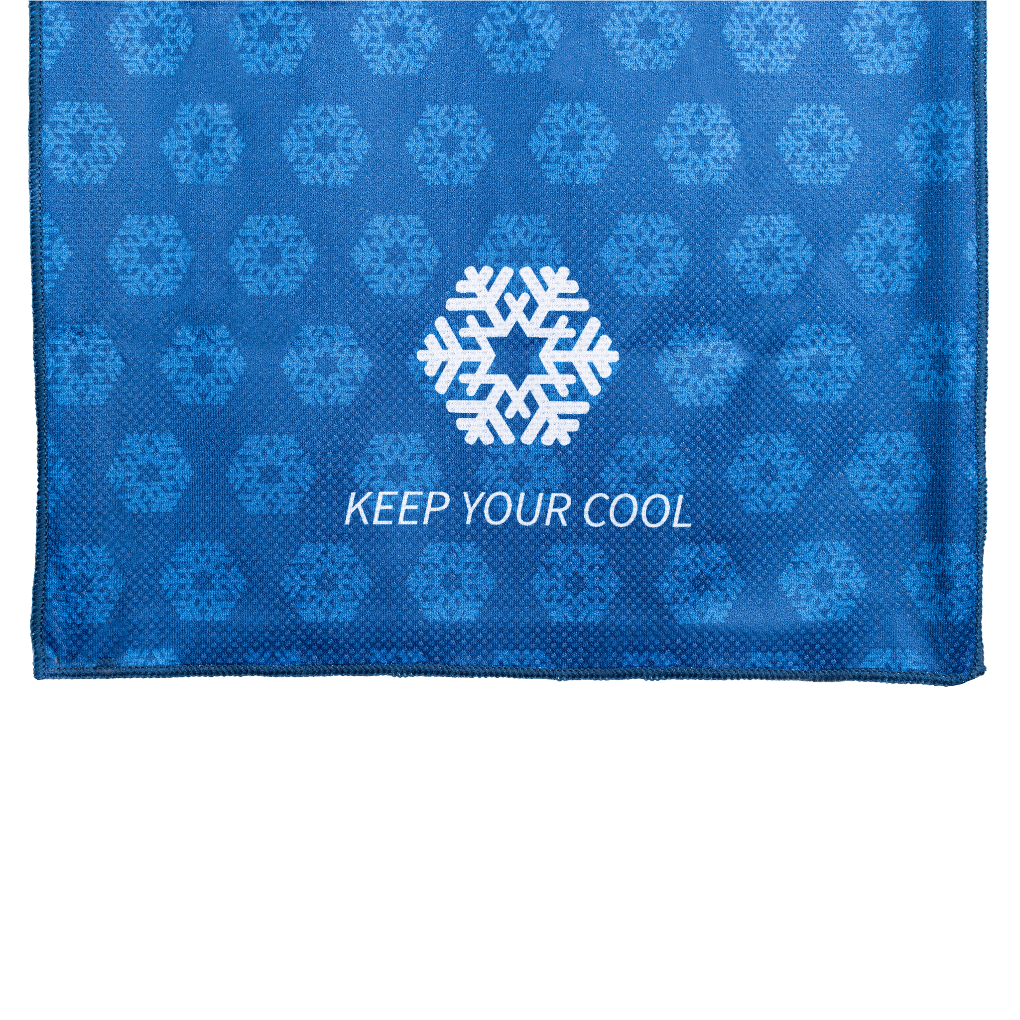 Blue cooling pad with snowflake pattern and 'Keep Your Cool' text on a white background