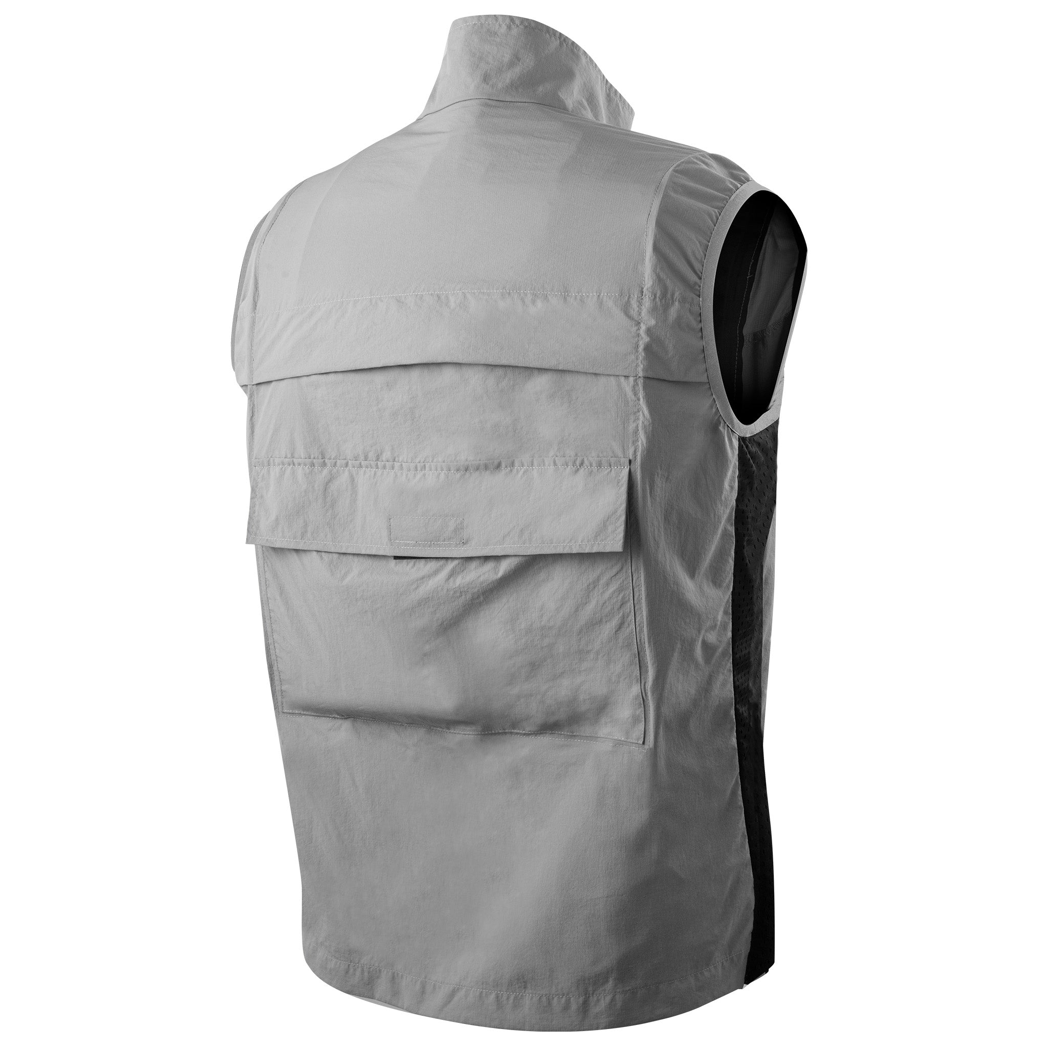 A light gray sleeveless utility vest with a high collar, shown from the back. It features a large flap pocket on the back and a black side panel, photographed against a solid white background.