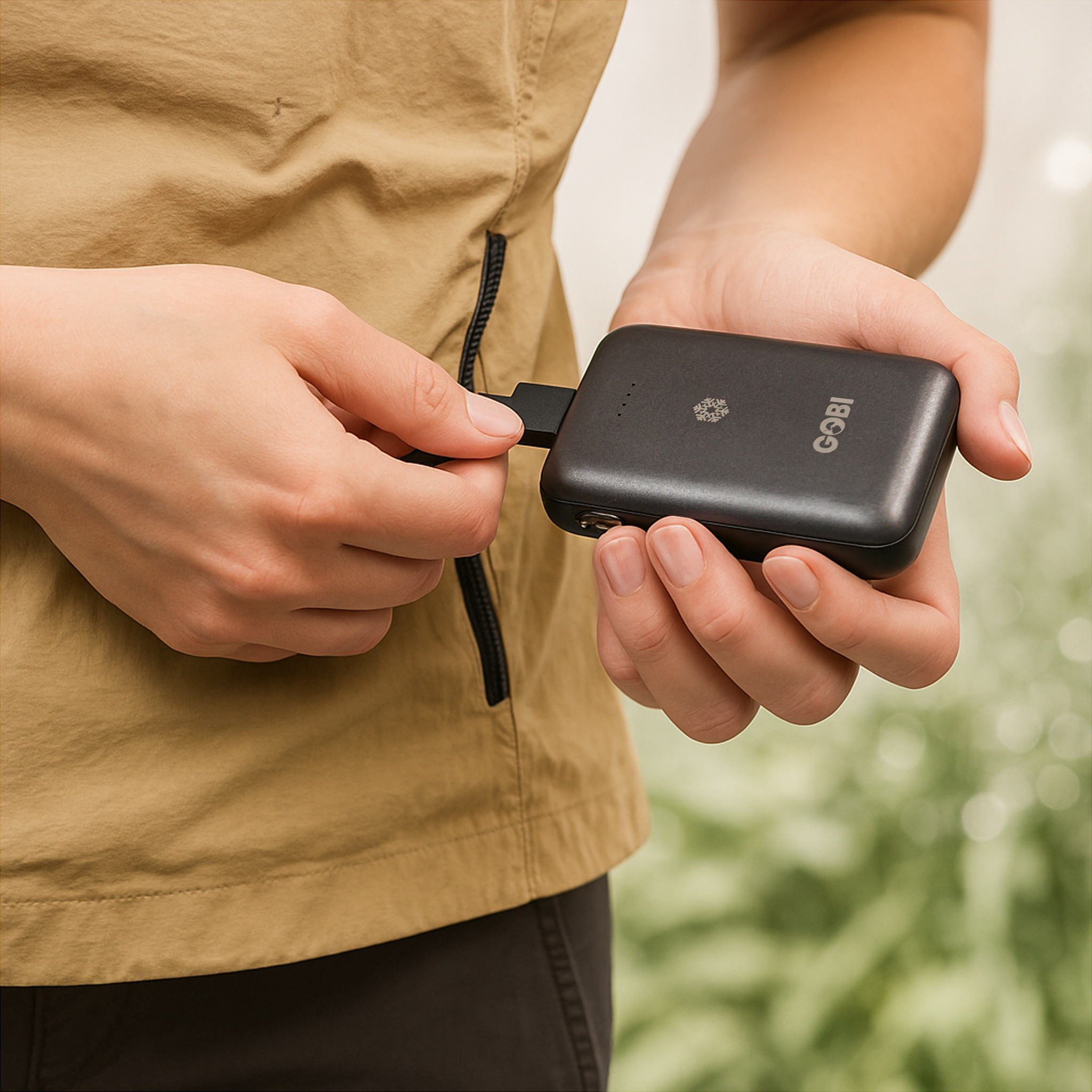 Person holding a black portable charger with a blurred green background